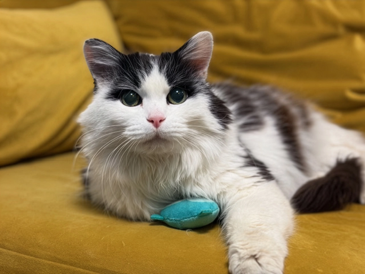 cat laying on yellow couch with cat toy